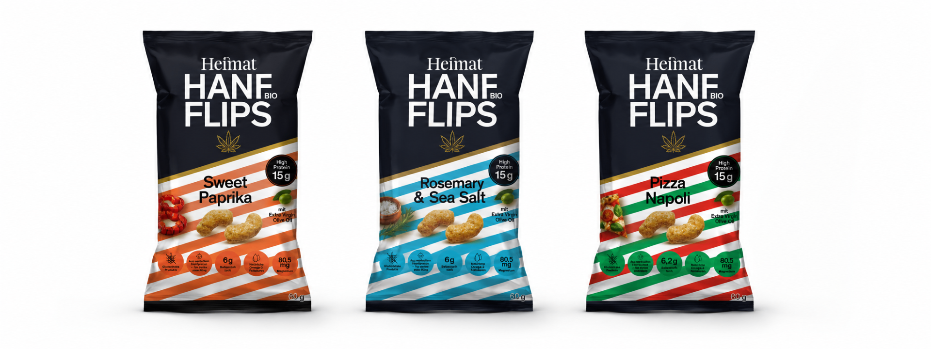 Heimat Hanf Bio Flips — drei Sorten: Sweet Paprika, Rosemary & Sea Salt, Pizza Napoli